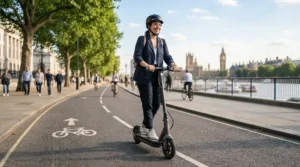 An adult riding a fast electric scooter safely within an urban bike lane during the afternoon.