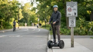A fast electric scooter street legal rider pausing near a city speed limit sign on a paved bike lane.
