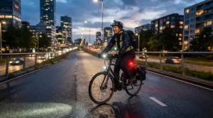 Riding a fast electric scooter street legal at night with bright LED headlights activated.