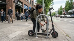 A rider locking up a fast electric scooter street legal at a public bike rack downtown.