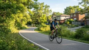 Cruising on a fast electric scooter street legal along a smooth suburban paved recreational trail.