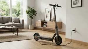 The fastest electric scooter plugged into a wall outlet charging inside a minimalist American apartment