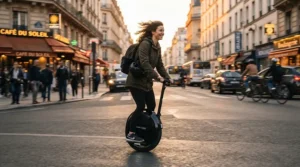 A commuter riding the fastest electric scooter down a busy New York City street during rush hour