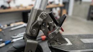 Close-up of the handlebar folding mechanism on the fastest electric scooter for easy storage