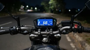 Detailed view of the digital LCD dashboard and throttle on the fastest electric scooter showing high speed