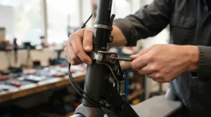 Close-up of the secure folding mechanism on a heavy-duty electric scooter for easy storage.