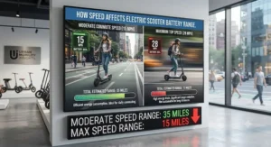 Infographic showing how riding an electric scooter at maximum speed significantly reduces total battery range.
