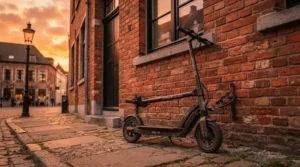 A long-range electric scooter parked neatly against a brick building during a vibrant sunset.