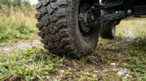 Close-up of all-terrain tire tread on a mobility scooter for outdoor use rolling over grass and dirt.