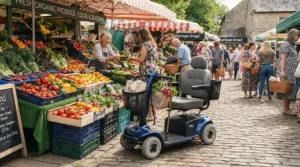 A mobility scooter for outdoor use equipped with a front basket parked at an outdoor farmers market.