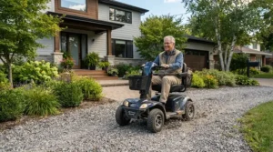 A heavy-duty mobility scooter for outdoor use handling a gravel driveway near a suburban home.