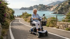 A person enjoying a long battery range for outdoor trips while driving a mobility scooter for outdoor use.