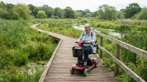 Exploring a wooden boardwalk at a nature reserve using a mobility scooter for outdoor use.