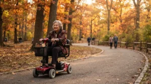 A senior man navigating a mobility scooter for outdoor use along a paved park trail during autumn.