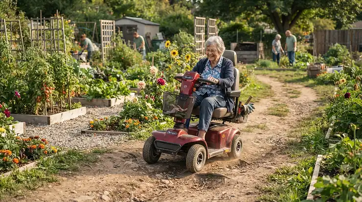 A mobility scooter for outdoor use demonstrating stability on uneven ground at a community garden.
