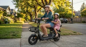 An adult rider enjoying a weekend ride on a comfortable moped style scooter for adults along a suburban sidewalk.