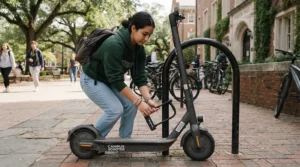 A student parking a moped style electric scooter in a bike rack outside a university building.
