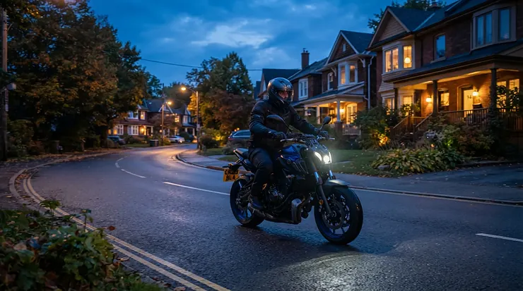 A moped style electric scooter with bright LED headlights driving down a lit suburban street at dusk.