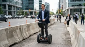 An adult professional riding an off road electric scooter to work through urban shortcuts.