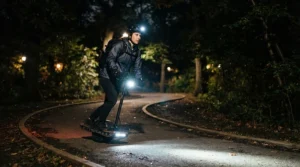 Nighttime city park adventure using the headlight of an off road electric scooter.