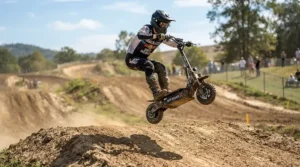 Action shot of an off road electric scooter absorbing a bump during a jump.
