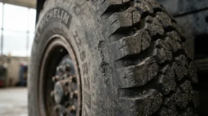 Close-up view of the rugged tread pattern on an off road electric scooter.
