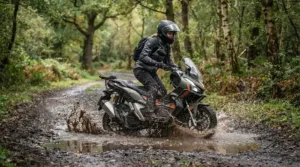 Splashing through puddles with an off road electric scooter under $1500 designed for harsh weather conditions.