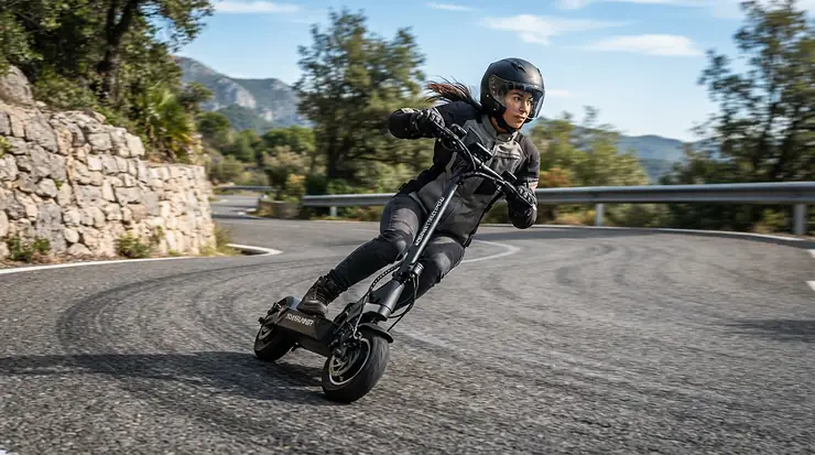 Professional rider demonstrating proper body positioning and cornering technique on a racing electric scooter.