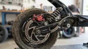 Close-up of racing scooter modifications highlighting upgraded suspension and hydraulic brakes on a racing electric scooter.