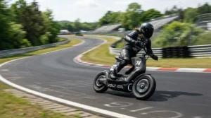 A sleek racing electric scooter speeding down a professional asphalt track during a daytime competition event.