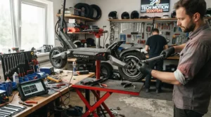 Mechanic performing performance tuning on a racing electric scooter inside a professional paddock garage.