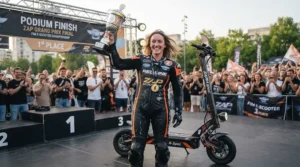 A champion celebrating a hard-fought victory with their racing electric scooter on the winners podium.