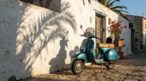 A retro vespa style electric scooter parked by a sunlit palm-lined boulevard in Los Angeles.