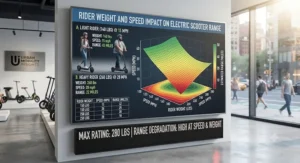 Graph illustrating electric scooter range degradation when carrying heavier loads at higher speeds.