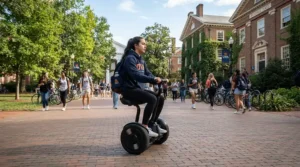 A university staff member navigating a college campus quad on a seated electric scooter for adults.