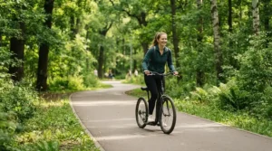 An adult enjoying a smooth ride on a comfortable seated electric scooter for adults along a paved park pathway.