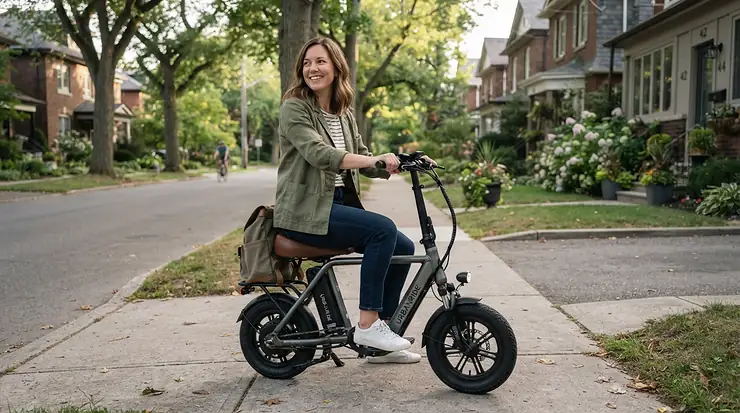 A rider resting on the cushioned saddle comfort of a seated electric scooter for adults on a suburban sidewalk.