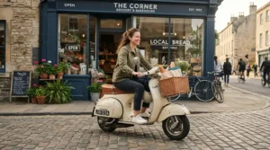 Running quick local errands with a seated electric scooter for adults equipped with a front storage basket.