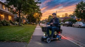Cruising through a quiet neighborhood at dusk on a seated electric scooter for adults with illuminated headlights.
