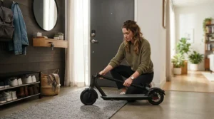 An apartment resident folding up their seated electric scooter for adults for compact indoor storage.