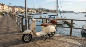 A vespa inspired electric scooter for adults parked near a scenic waterfront marina in Seattle.