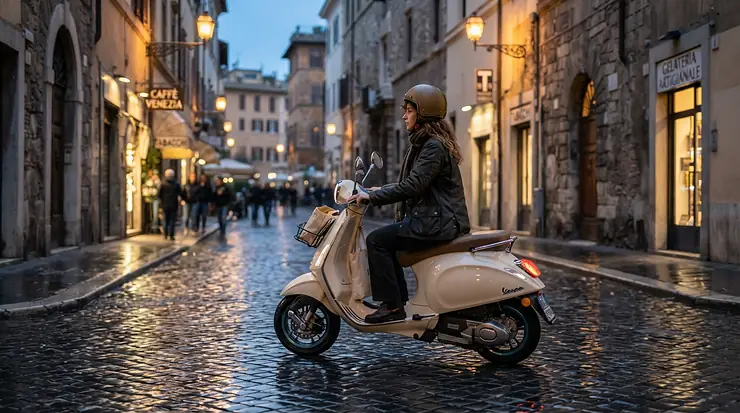 A modern vespa style electric scooter driving down a historic gas-lit cobblestone street in Boston at night.