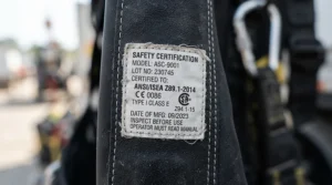 Viewing the official EN 1621-2 standard safety certification on a back protector for superbike track days.