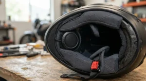 An internal view showing speakers of a bluetooth helmet communicator for sport riders inside a full face helmet.