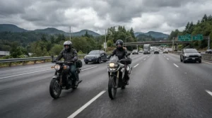 Two sport riders communicating on the highway using their bluetooth helmet communicator for sport riders.
