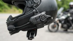 A close-up of a wind noise reducing bluetooth helmet communicator for sport riders on a sleek racing helmet.