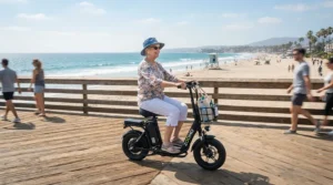 Riding a cruiser style electric scooter with seat for adults along a sunny coastal boardwalk.