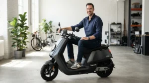 An adult demonstrating proper rider ergonomics on a cruiser style electric scooter with seat for adults.