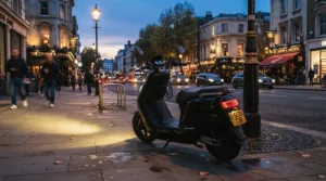 A cruiser style electric scooter with seat for adults illuminated by streetlights during an evening ride.