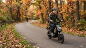 A commuter on a cruiser style electric scooter with seat for adults cruising through a city park.